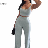 AOMEI Fashionable Solid Color Two Piece Set Women Clothing Casual Vest And Wide Leg 2 Piece Custom Set