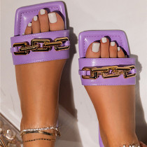 FASHIONWINNIE New Trendy Summer Square Toe Chain Decor  Flat Shoe Chain Ladies Slippers