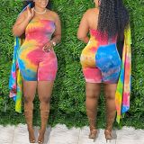 AOMEI Hot Selling 2021 Plus Size Women Clothing Tie Dye Long Sleeve Cardigan And Jumpsuit Set Women Two Piece Pants Set