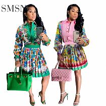 AOMEI Good Quality Vintage Positioning Print Shirt And Pleated Skirt Two Piece Set 2021 Office Womens Two Piece Skirt Set