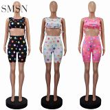 AOMEI Amazon 2021 Print Lace Up Crop Top 2 Piece Women Set Women Fashion 2 Piece Short Set