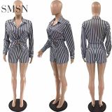 AOMEI High Quality 2021 2 Piece Set Women Elegant Stripe Long Sleeve Shirt Women Two Piece Shorts Set
