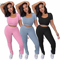 AOMEI Fashionable Solid Color Rib Trousers Split 2 Piece Set Women Fitness 2021 Compression Leggings Sets For Women