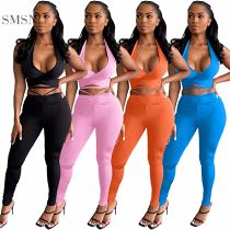 AOMEI Good Quality Bandage Halter Sexy Slim Women Two Piece Pants Set Women Solid Color Two Piece Short Set With Low Price