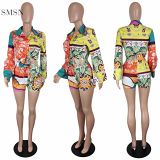 AOMEI High Quality Fashion Shirt Two Piece Set Women Clothing Casual Women Printed Two Piece Short Set