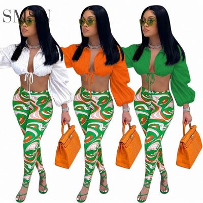 AOMEI Hot Selling Puff Sleeve Lace Up 2 Piece Set Women Womens Clothing Latest Design 2021 Print Two Piece Pants Set