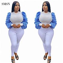 SMSN MOEN Trendy 2021 Autumn Casual Long Sleeve Tops For Women Patchwork Puff Sleeve O Neck Women T Shirt