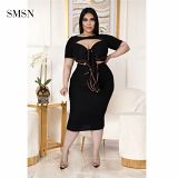 1073069 Best Design Plus Size Solid Color Short Sleeve Sexy Hollow Out Bandage Woman Casual Dress