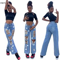 SMSN MOEN Hot Selling Heart-Shaped Print Street Broken Hole Plus Size Straight Trousers Women Denim Jeans