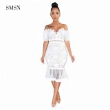 SMSN MOEN High Quality Short Sleeve Hollow Out Lace Bodycon Dress Sexy Women Perspectivity  Mermaid Dress