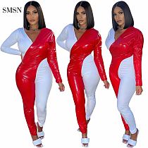 SMSN MOEN Hot Sale V Neck Autumn Long Sleeve Patchwork Pu Leather Women Bodycon Jumpsuits