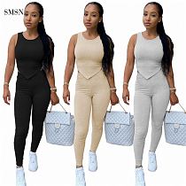 SMSN MOEN Best Seller Sports Set Women Solid Color Bodycon Women Set Elastic Fabric Inverted Triangle Vest Two Piece Pants Set