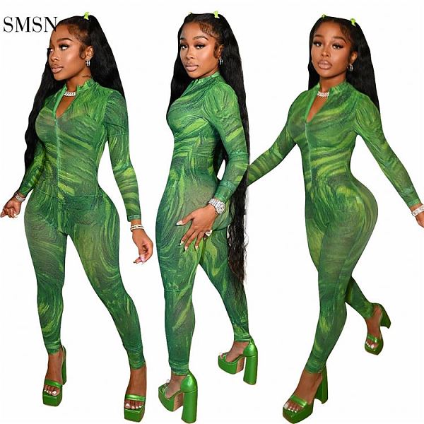 1073054 High Quality Autumn Bodycon Jumpsuit Sexy Tulle Print Zipper Design Long Sleeve Women One Piece Jumpsuits