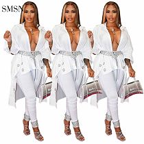 SMSN QUEENMOEN Trendy 2021 Solid Color White Short Front Long Back Holes Design Nightclub Sexy Deep Vneck Womens Blouses