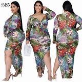 SMSN MOEN Amazon 2021 Autumn Sexy Print Bandage Plus Size Dress Long Sleeve Fashion Asymmetry Woman Casual Dress