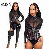 SMSN MOEN Trendy 2021 Sexy Perspectivity Long Sleeve Rhinestone Bodycon Jumpsuit Nightclubs Women One Piece Jumpsuits