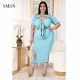 1073069 Best Design Plus Size Solid Color Short Sleeve Sexy Hollow Out Bandage Woman Casual Dress
