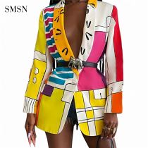 1073059 Best Design Autumn Winter Casual Fashion Coat For Women Multicolor Print Button Nightclub Jackets & Coats