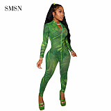 1073054 High Quality Autumn Bodycon Jumpsuit Sexy Tulle Print Zipper Design Long Sleeve Women One Piece Jumpsuits