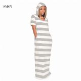 SMSN MOEN Newest Design Summer Short Sleeve Hoodie Long Dress Stripe Print Cotton Fabrics Woman Casual Dress