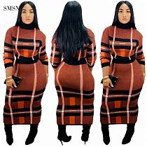 SMSN QUEENMOEN Amazon 2021 Autumn Winter Casual Long Sleeve Plaid Knitted Top And Long Skirt Dress Womens Two Piece Skirt Set