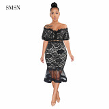 SMSN MOEN High Quality Short Sleeve Hollow Out Lace Bodycon Dress Sexy Women Perspectivity  Mermaid Dress
