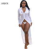 SMSN MOEN Wholesale Sexy Perspectivity Tulle Dress Single Breasted Women Sun Block Stylish Sexy Dress