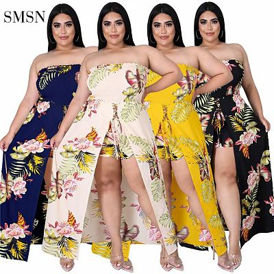 SMSN QUEENMOEN Good Quality Tropical Floral Strapless Jumpsuit Dress Summer High Waist Fat Women Plus Size One Piece Jumpsuit