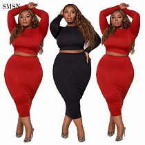 Newest Design Casual Solid Color Plus Size Long Sleeve Long Skirt  Autumn Women Two Piece Skirt Set