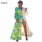 SMSN MOEN New Arrival Casual Patchwork Print Fashion Puff Sleeve Double Breasted Women Cloak Coat
