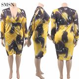 SMSN QUEENMOEN Fashionable Tie Dye Open Sleeve V-Neck Dress Ruched Pleat Plus Size Women Autumn Midi Dress