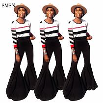 SMSN QUEENMOEN Latest Design Women Fashion Clothing Long Sleeve Stripe T-Shirt Flared Trousers 2021 2 Piece Set Women Outfits