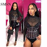 SMSN MOEN Trendy 2021 Sexy Perspectivity Long Sleeve Rhinestone Bodycon Jumpsuit Nightclubs Women One Piece Jumpsuits