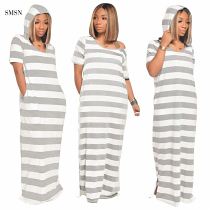 SMSN MOEN Newest Design Summer Short Sleeve Hoodie Long Dress Stripe Print Cotton Fabrics Woman Casual Dress