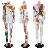 SMSN MOEN Lowest Price Fashion Set Long Sleeve Print Tie Dye Backless Kink Design Nightclub Style Women Two Piece Pants Set