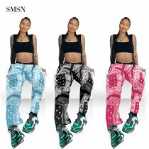 1073057 Good Quality Autumn Floral Cashew Nut Print Loose Pants Include Waistband Womens Trousers & Pants