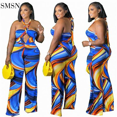 SMSN MOEN New Arrival Sexy Halter Hollow Out Backless Print Women Plus Size Jumpsuits Rompers