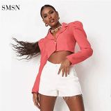 SMSN MOEN New Arrival 2021 Solid Color Bubble Long Sleeve One Word Buckle Short Blazer Women'S Jacket Coat