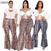 High Quality 2021 Autumn Woman Plus Size Pants Ruffles Patchwork Style Print Casual Flared Trousers Ladies Pants
