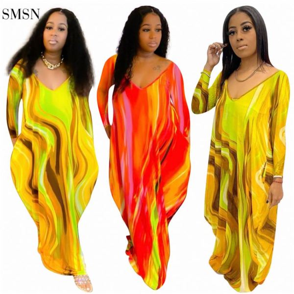 SMSN QueenMoen New Arrival 2021 Autumn Clothes Dresses Pockets Loose V Neck Long Sleeve Print Leisure Casual Women Maxi Dresses