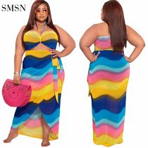 SMSN QueenMoen High Quality Dresses Women 2021 Sleeveless Plus Size Sexy Sling Bra Hollow Out Mixed Print Long Fat Women Dress