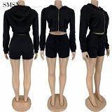 SMSN QueenMoen Latest Design Solid 2 Piece Women Short Set Sports Long Sleeve Sweatshirt Design Women Two Piece Shorts Set