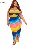 SMSN QueenMoen High Quality Dresses Women 2021 Sleeveless Plus Size Sexy Sling Bra Hollow Out Mixed Print Long Fat Women Dress