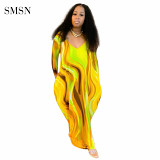 SMSN QueenMoen New Arrival 2021 Autumn Clothes Dresses Pockets Loose V Neck Long Sleeve Print Leisure Casual Women Maxi Dresses