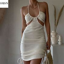 MISS Latest Design Dresses Women Summer Sexy Bodycon Dress Hollow Out Drawstring Ribbed Dress