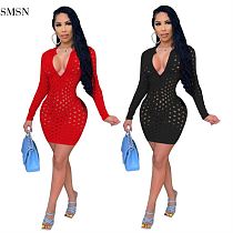 MISS Good Quality Pure Color Sexy Ladies Party Dress Hollow Long Sleeve Short Dress Women