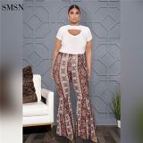 High Quality 2021 Autumn Woman Plus Size Pants Ruffles Patchwork Style Print Casual Flared Trousers Ladies Pants