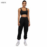 SMSN QueenMoen Fashionable Sports Solid Color Women Sets Crop Top Drawstring Straight Stracksuit Jogger 2021 2 Piece Pants Set