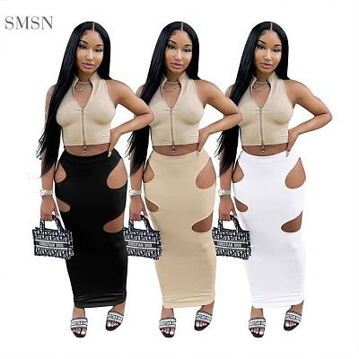 SMSN QueenMoen Latest Design Womens Summer Clothing Hollow Out Womens Skirts Fashion Solid Color Long Skirt For Women