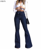 FASHIONWINNIE Elastic With Lacing Hole Washed Horn Trousers High Waist Flares Jeans Bell Bottom Ladies Stretch Jeans Pants